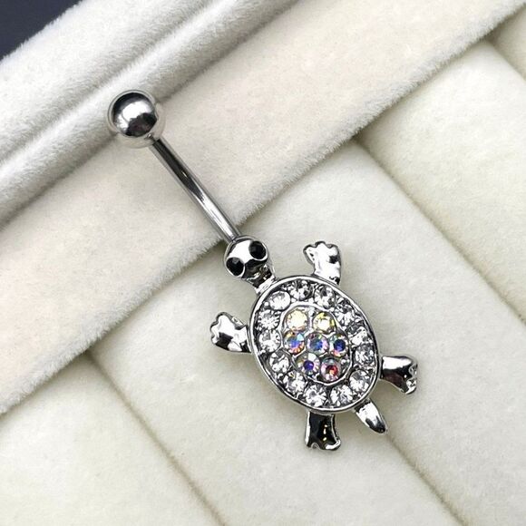 316L Stainless Steel with AB and Diamond Cubic Zirconia Sea Turtle Belly Ring - Picture 3 of 7